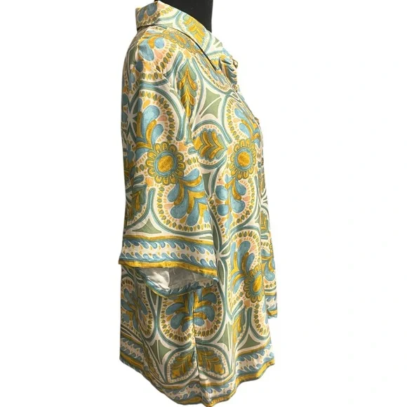 Women's Haute Hippie Button Down Shirt L Green Blue Floral - Picture 3 of 12